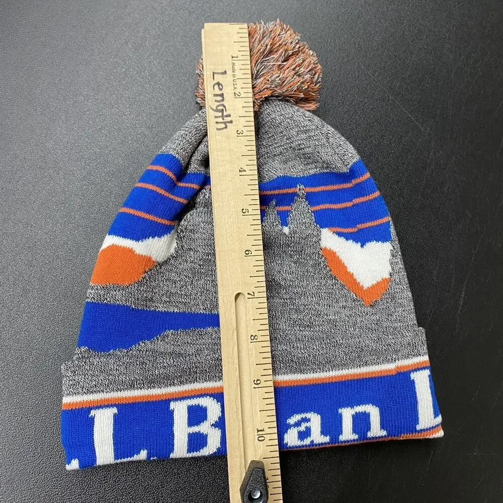 L.L.Bean Mountain Katahdin Scene Pom Beanie Hat Blue Orange Gray Winter Ski